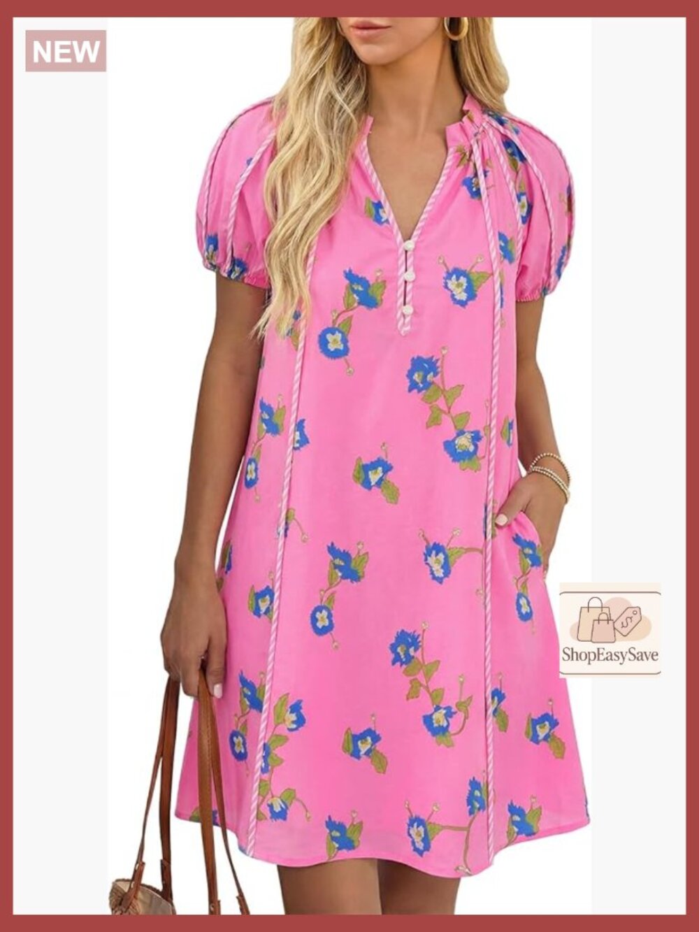 Puff Sleeve Mini Dress Floral Print Ruffle Button V-Neck Loose Fit Patchwork